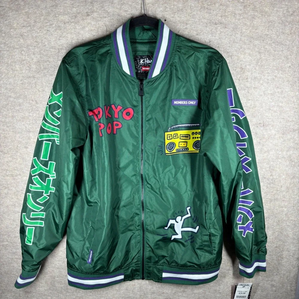Members Only Keith Haring Tokyo Pop Windbreaker Jacket Mens Medium Forest Green